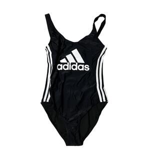 ADIDAS Swimsuit M Black Stripes One Piece Scoop Back Logo Sporty Athletic